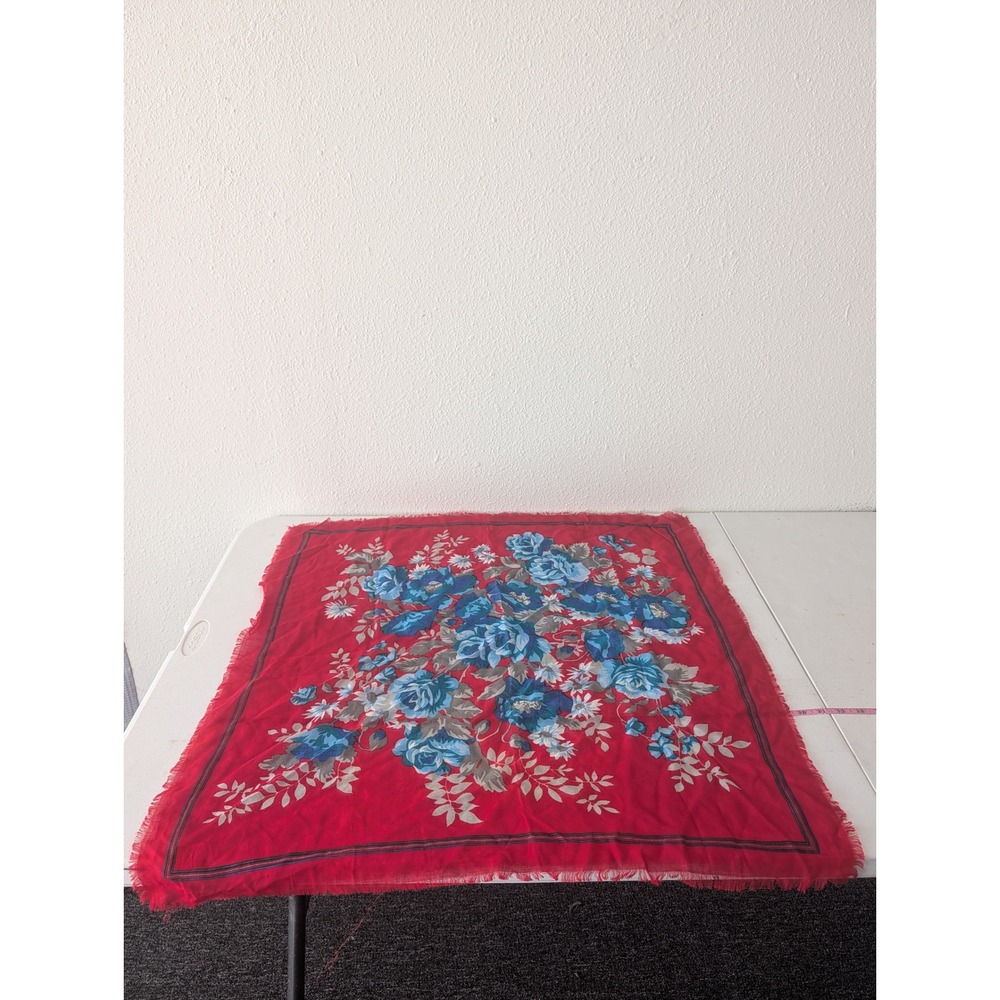 Vintage Glentex Red Blue Floral Square Scarf Acrylic Made in Japan Fringed 30x30